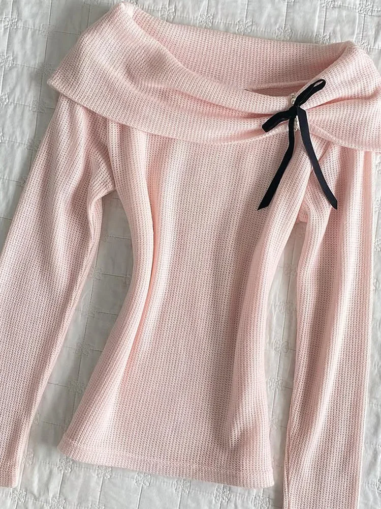 

Original Retro One oulder Sweater Early Autumn New Sle Pink Bow Knot Knitted Top Moisture ng Long Sve Casual Fit