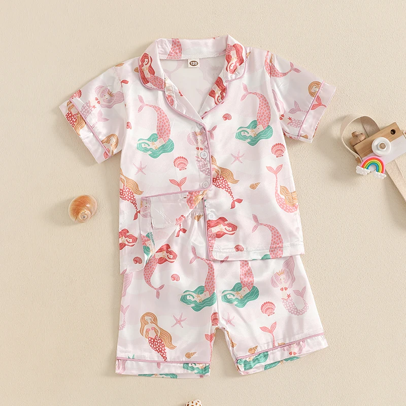 

Girls Pajamas Set Summer Mermaid Print Button up Short Sleeves Shirt with Elastic Shorts for Loungewear Sleepwear