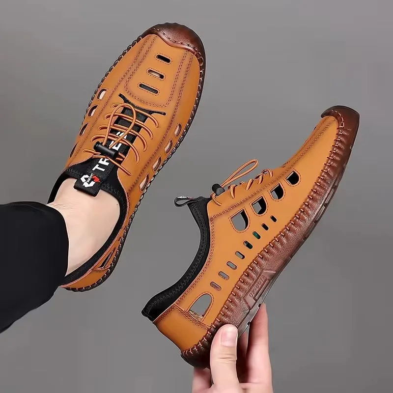 2025 Summer PU Leather Breathable Men's Sandals Light Soft  business sandals hollowed out soft soled perforated shoes