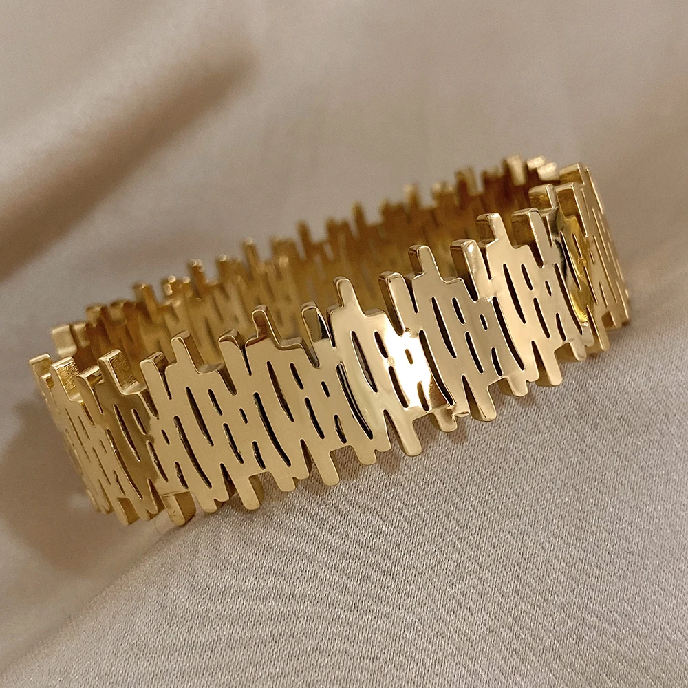 Irregular Hollow Geometric Stainless Steel Cuff Bangle Bracelets for Women Vintage Gold Silver Color Bracelet Waterproof Jewelry