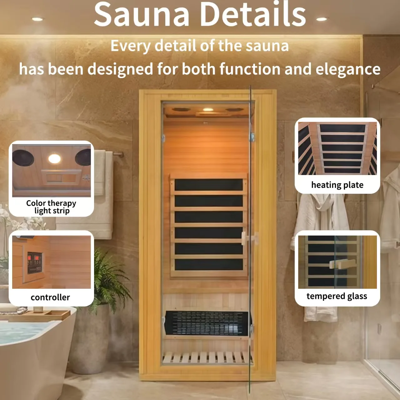 Outdoor Spruce Wood Graphene Far Infrared Sauna Cabin, Low EMF Home Sauna Room with Waterproof Roof, Color Light Therapy for Yard Spa view 4