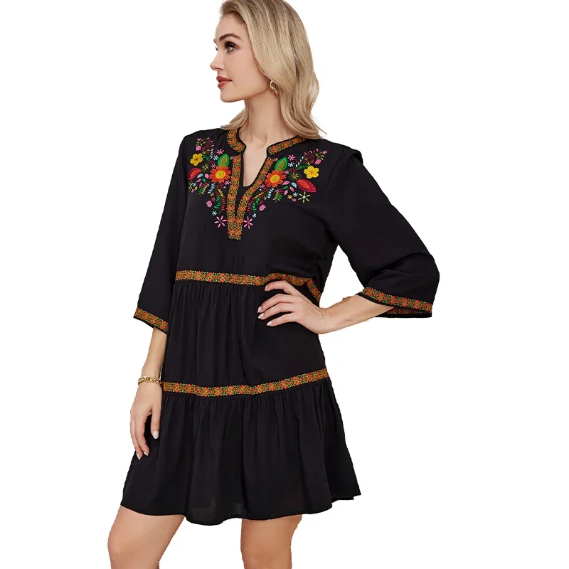 Eaeovni Women\'s Mexican Embroidered Dress Summer Peasant Style Floral Dresses Traditional Fiesta Skirts for Women