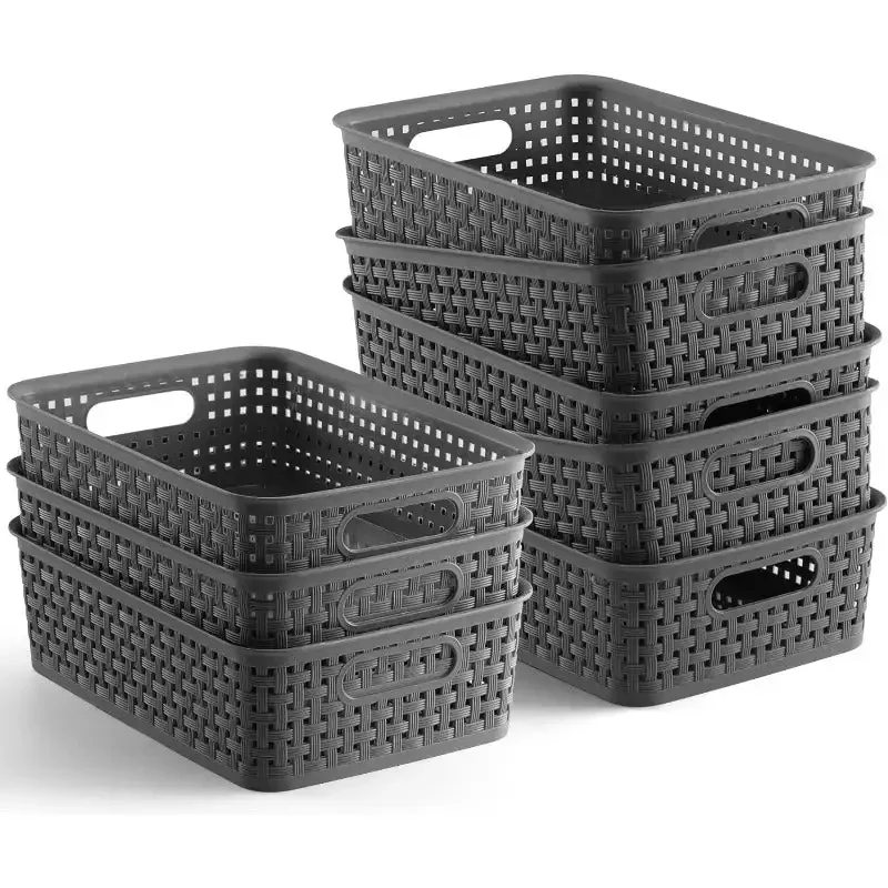 Plastic Storage Baskets - 8 Pack, Gray, Durable, Easy to Use, Flexible, Multi-Purpose