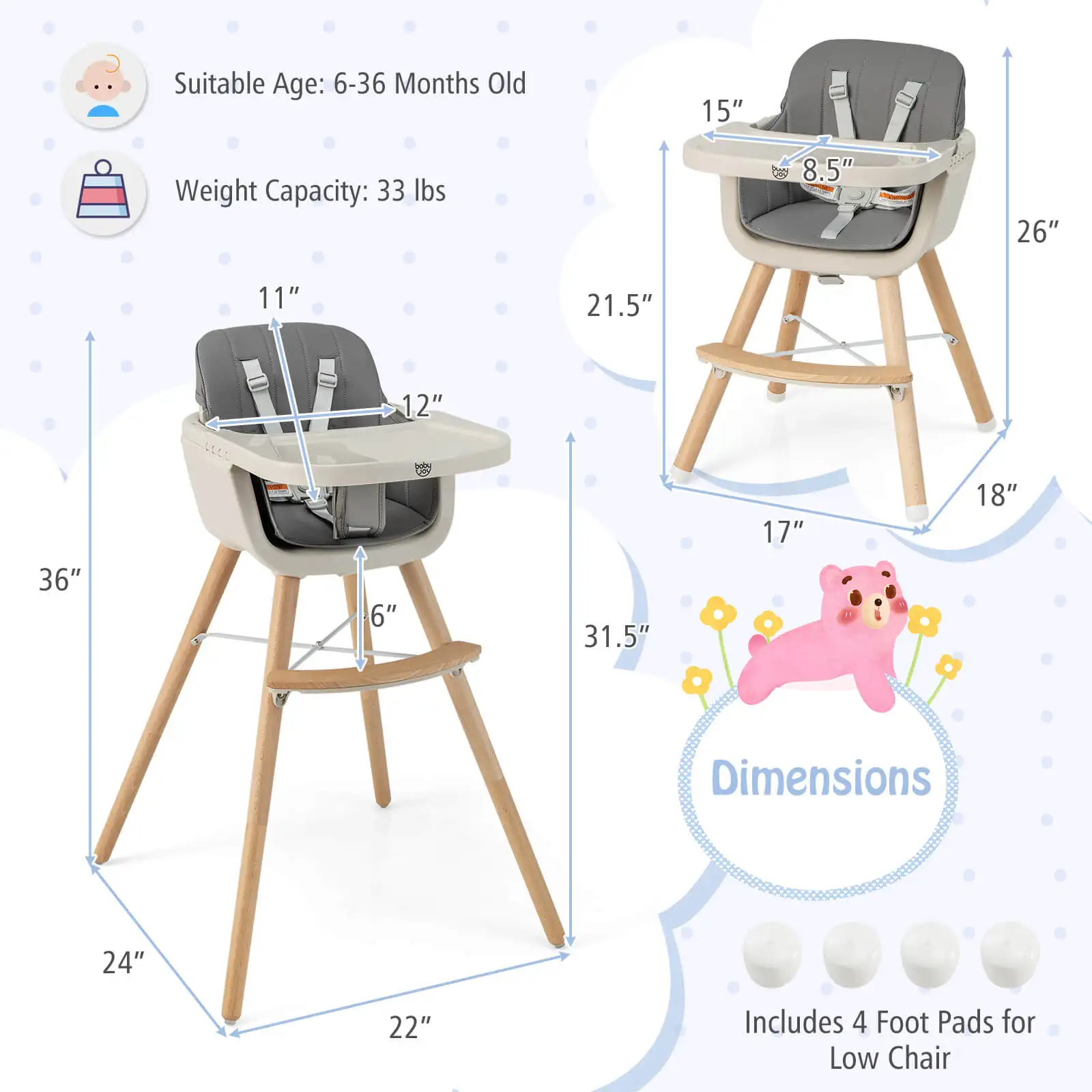 Baby High Chair 6-in-1 Convertible Wooden Highchair for Babies & Toddlers