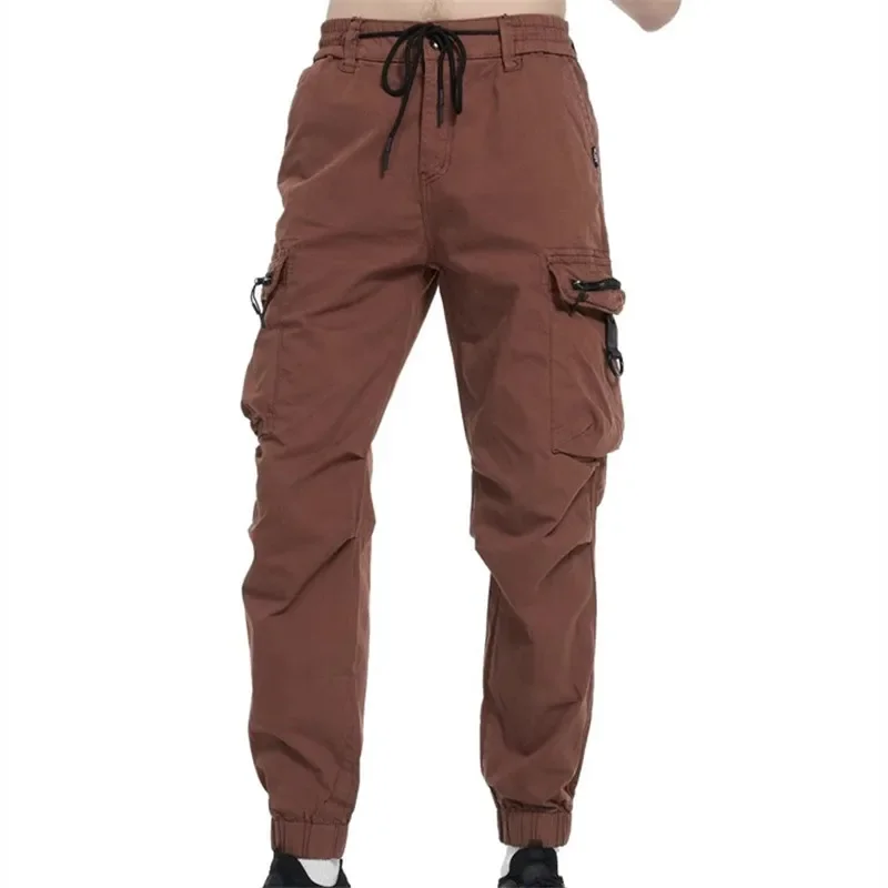 LIBIELIY Celana Kargo Pria Banyak Saku Musim Gugur Celana Panjang Kasual Ramping Pakaian Jalanan Pria Jogging Pinggang Elastis Solid Pekerjaan Katun