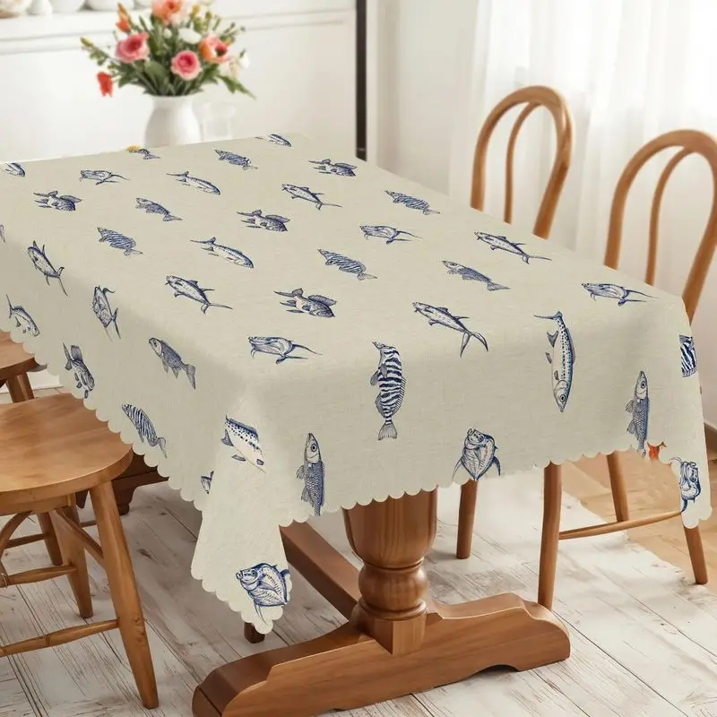 VIKAMA Blue Sketch Fish Linen Texture Tablecloth Marine Animal Rectangular Waterproof Minimalist Kitchen Dining Table Cover