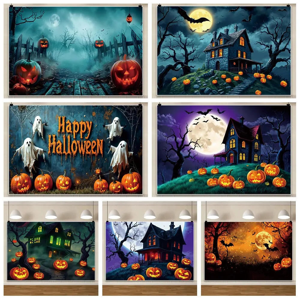 

Halloween Theme Photography Background Photozone Mist Bat Ghost Haunted Castle Horror Pumpkin Lantern Backdrop Cloth Party Decor