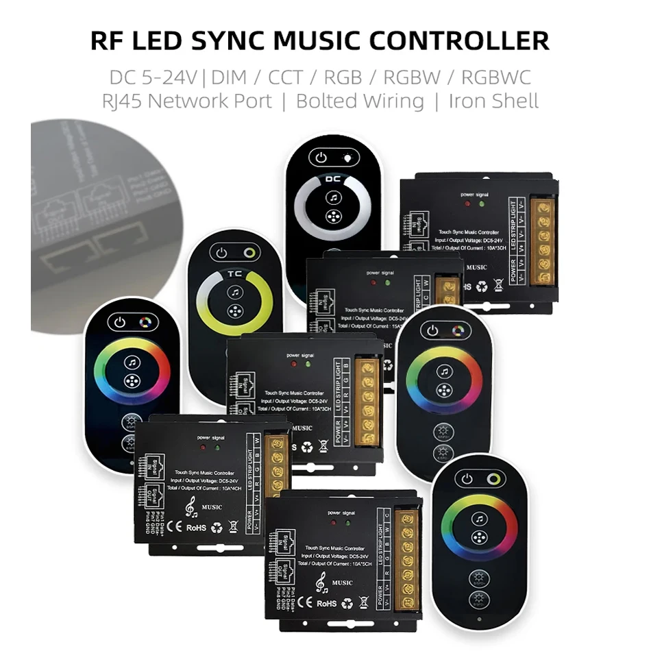 DC5-24V Music Sync Controller and RF Full Touch Remote Control Dimmer for  RGBCCT RGBWC RGB CCT Color 1~5 Ch LED Strip Light