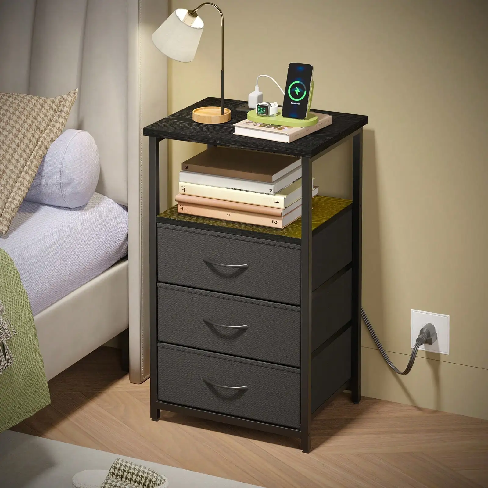 

1/2pcs Night Stand With 3 Fabric Drawers, Nightstand For Bedroom, Bedside Table With Charging Station End Table With Stora