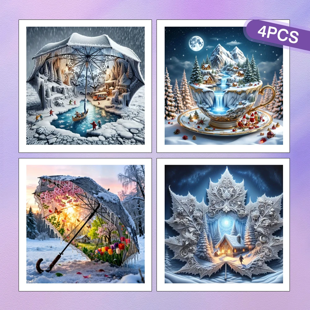 HUACAN 4 Stück Diamant-Gemälde nachrichten 2026 Winterlandschaft, komplette Kits, Mosaik-Regenschirm, Tasse, Landschaft, Heimdekoration, voller runder Bohrer