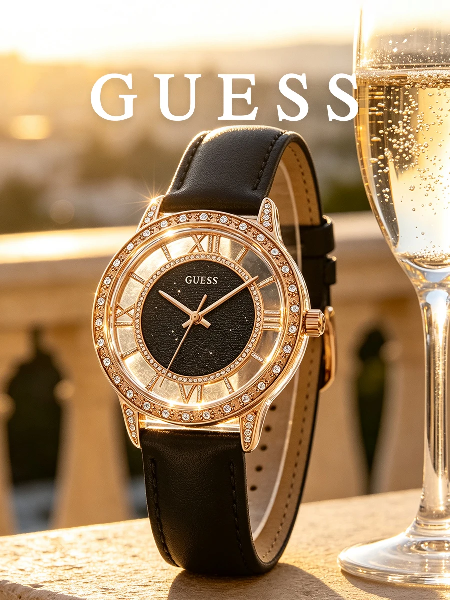 Guess Women's Watch Black Leather Strap Rose Gold Tone Quartz Rhinestone Bezel Fashion Accessory for Evening Wear Holiday Gift