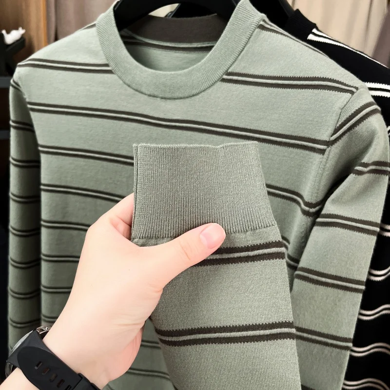 Luxury Knitted Sweater Round Neck Long Sleeve Striped Pullover Autumn Winter Fashion Casual Business Classic Versatile Mens Wear