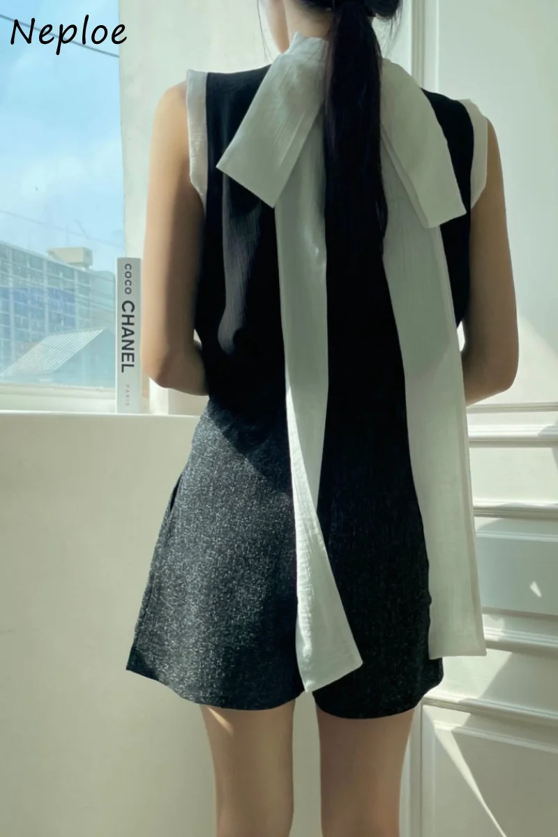 

Neploe Exquisite Panelled Bow Lace Up Ropa Mujer Sleeveless O Neck Vest Tops Women All-match Sweet Fresh Literary Women Clothing