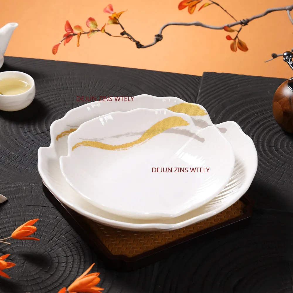 1PC Irregular Melamine Dinner Plate Gold Stroke Serving Plate Creative Wavy Edge Salad Dessert Plate Home Restaurant Tableware