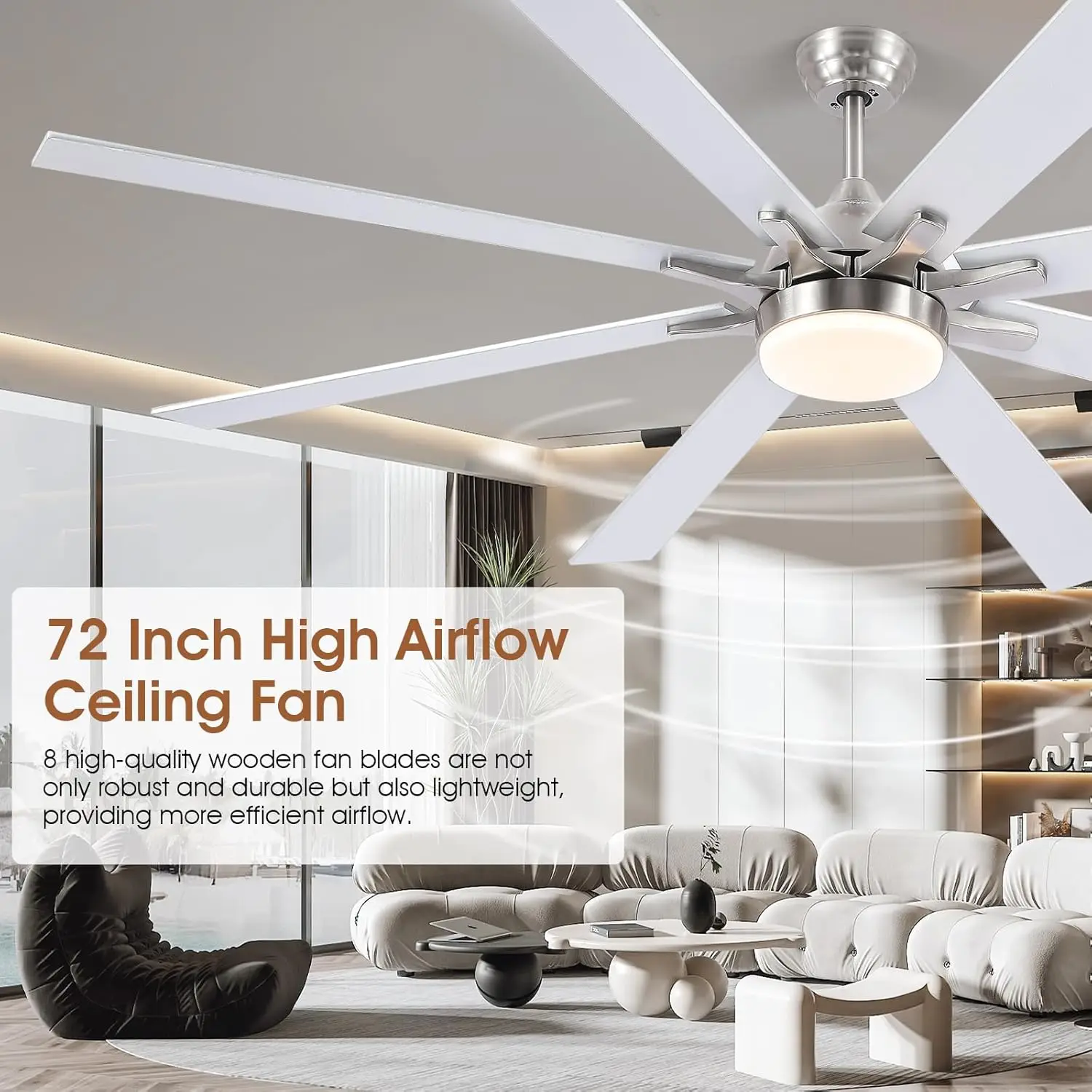 72 Inch Ceiling Fans With Lights And Remote, Modern Indoor Outdoor Large Ceiling Fan For Bedroom Living Room Patio Porch, 6