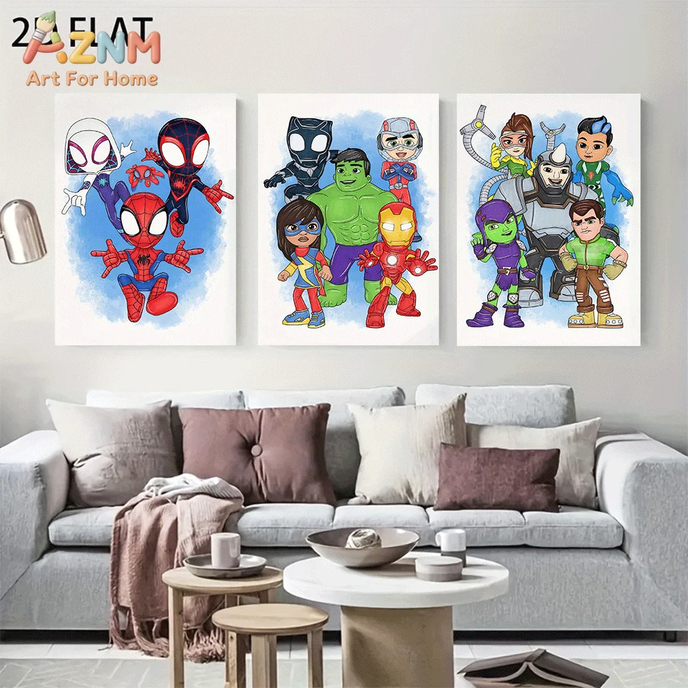 AZNM Cute Cartoon Superhero Canvas Wall Art Frameless Poster Spider Hulk Iron Man Print Home Decor for Kids Boys Bedroom Wall De