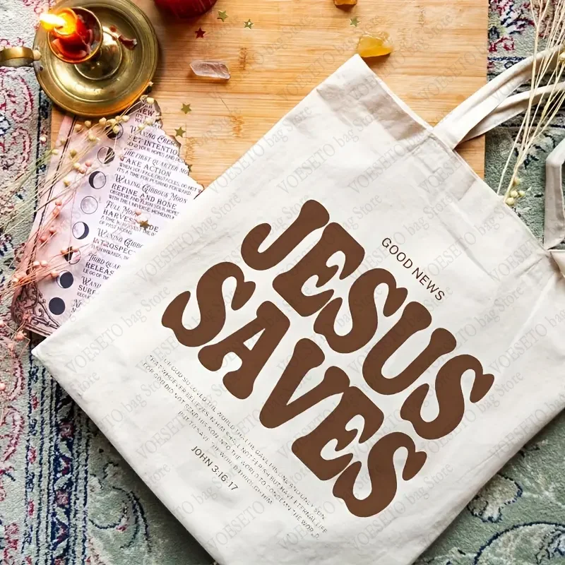 Cood News Jesus Saves Pattern Canvas Shoulder Tote Bags Casual Shopping Tote Christ Religion Christian Faith Shopper HandBag