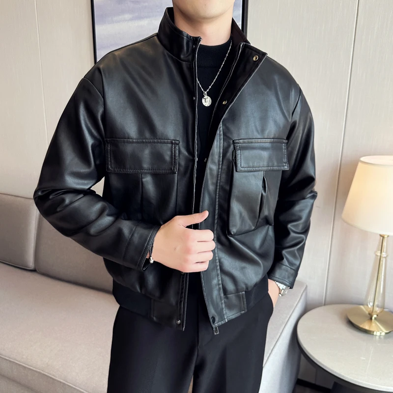 Autumn and Winter Leather Jacket Men's Fashion Casual Standing Collar Motorcycle Jacket Outdoor Solid Color Sports Jacket