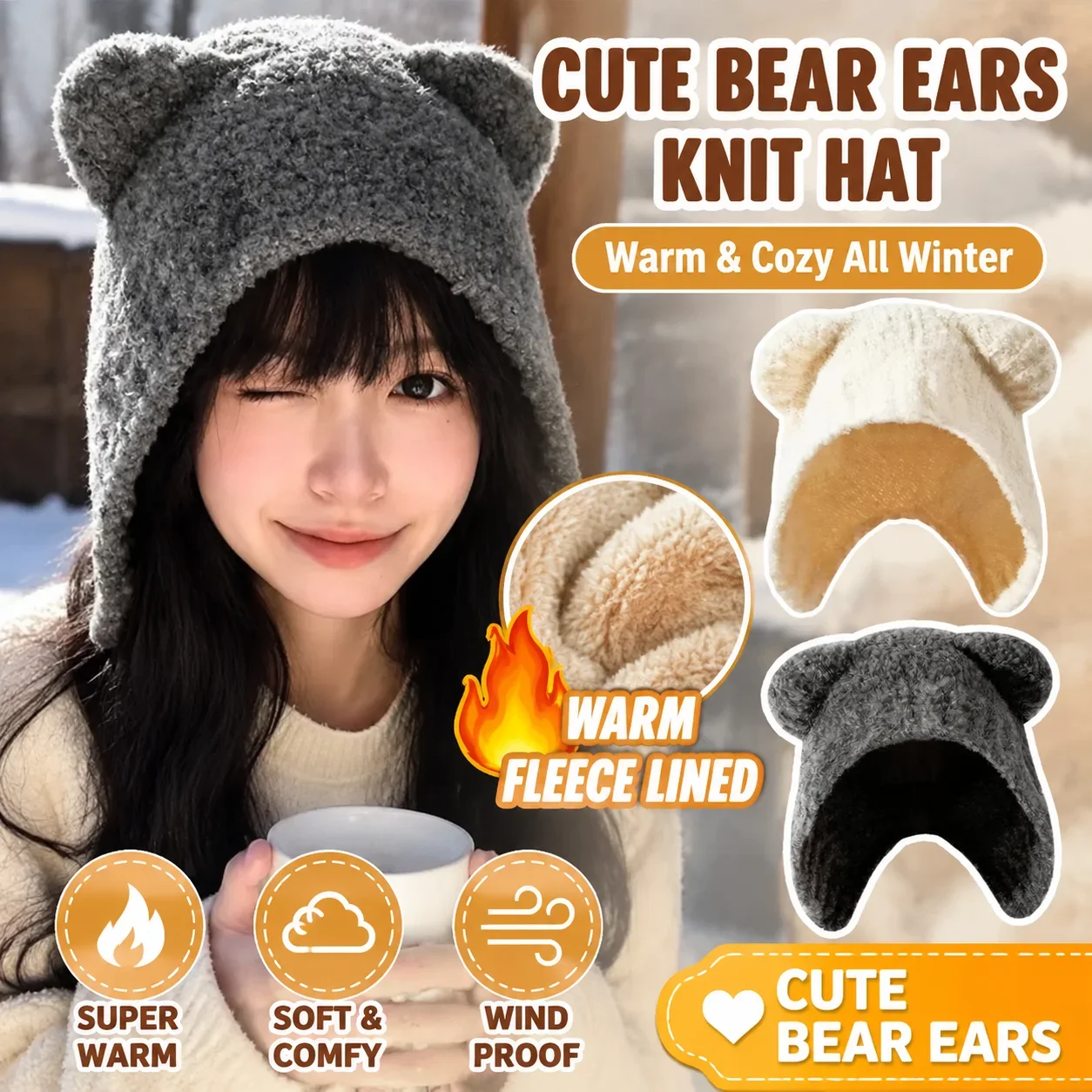 Korean Style Winter Cute Bear Ears Knit Hat Warm Fleece Lined Earflap Beanie Women Fashionable Cozy Crochet Set