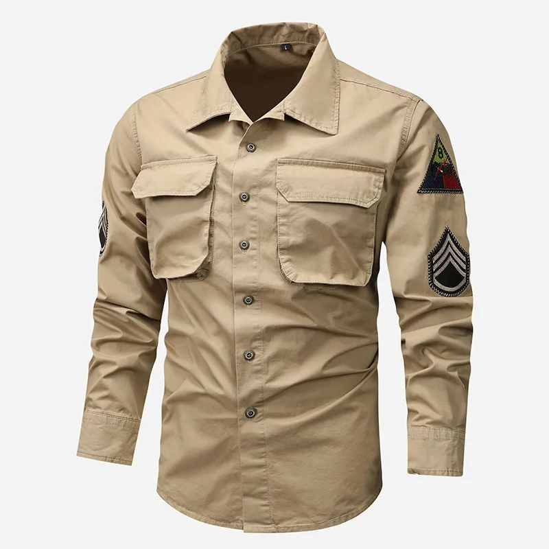 Men Outdoor Long Sleeved Cargo Shirts High Quality Man Multi Pockets Loose Tooling Shirts New Spring Male Cotton Shirts Size 5XL