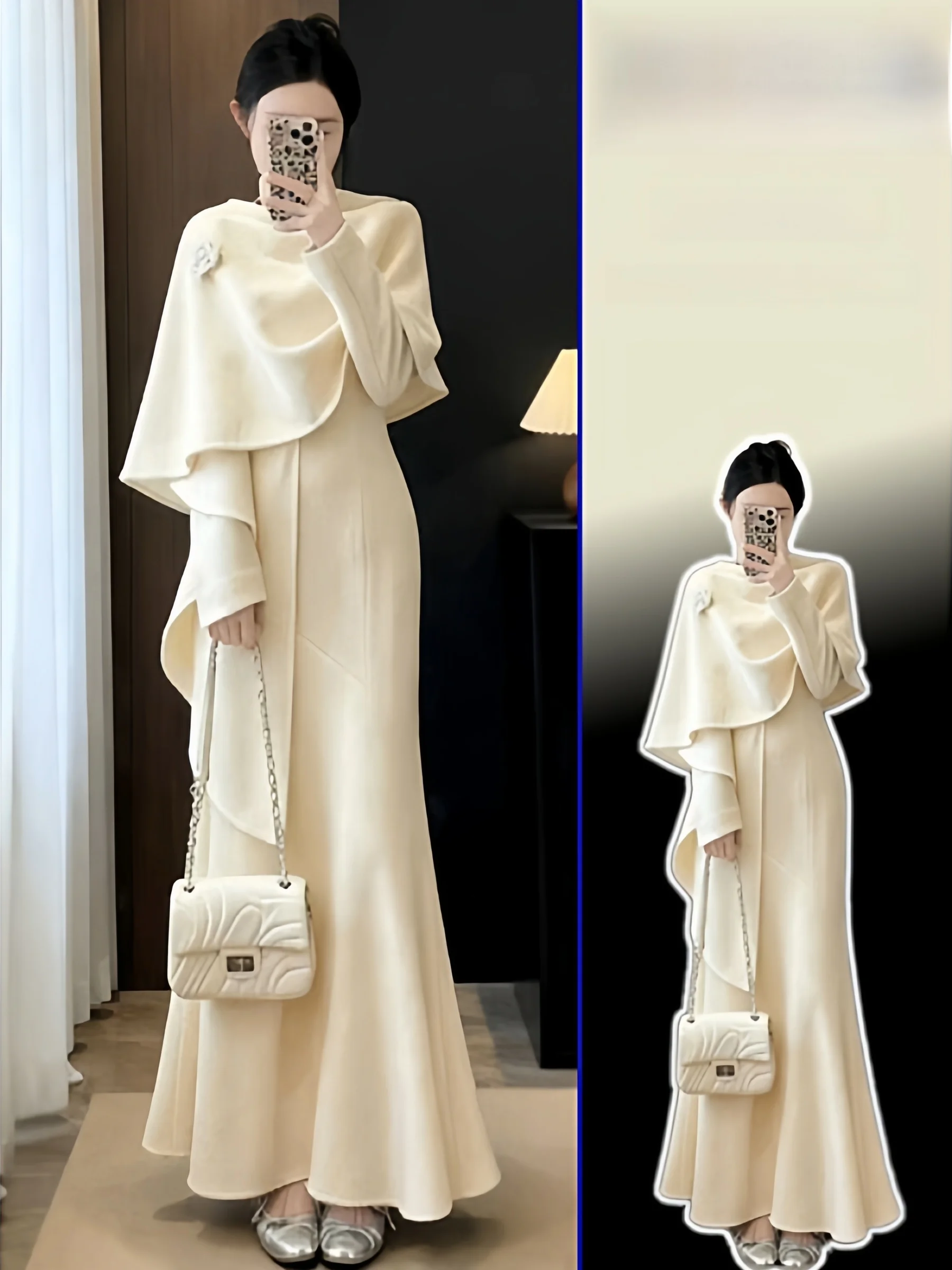 

Комплект из двух предметов для женщин больших размеров: V-образный вырез, фасон «русалка», роскошный, элегантный, весенне-осенний, незаменимый, с накидкой, для повседневной носки