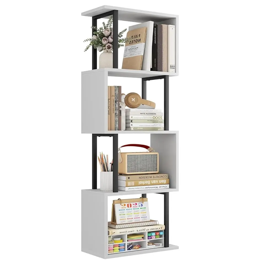 

4-Tier Bookshelf, Narrow S-Shaped Geometric Bookcase, Wood Decorative Storage Shelving, Modern Freestanding Display Shelves,
