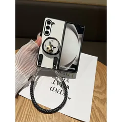 For Samsung Galaxy Z Fold 7 6 5 4 3 2 5G Cartoon Rotary Clock Puppy Stand Holder Leather Case Cover With Portable Hand Strap