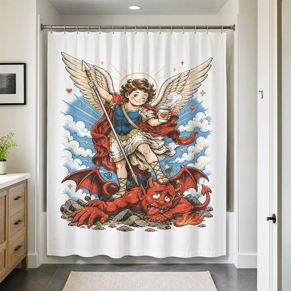 Waterproof Shower Curtain Liner Angel Devil Artwork Print Cartoon Illustration Bathroom Decor Novelty Tapestry Shower Curtain fo