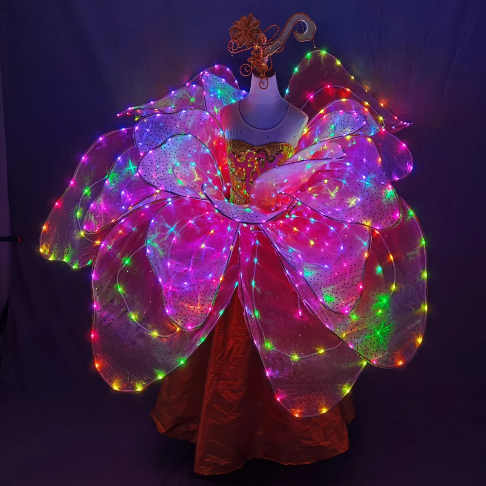 Full Color LED Petal Skirt Flower Opening Dance Big Swing Dress Modern Dance Performance Dress LED Robot Suit Blossom Long Dress