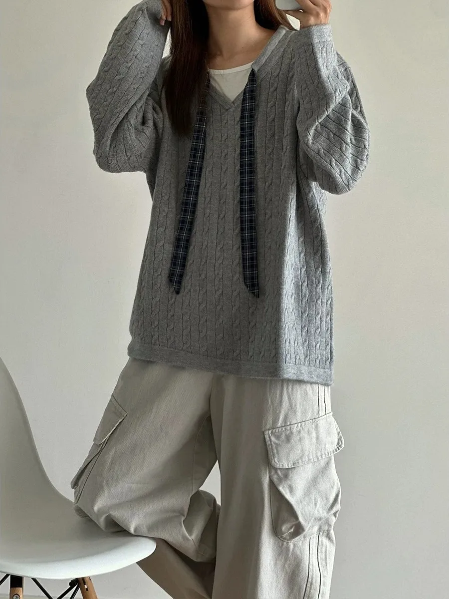 Autumn Winter Long Sleeve V-Neck Knitted Grey Sweater Hooded Removable Sash Japanese Lazy Style Casual Loose Fit Unisex