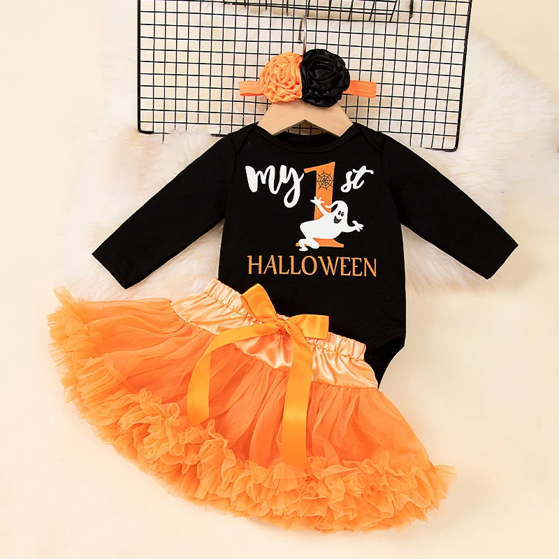 

0-3 Moths Litter Girl Halloween Clothes Princess Bodysuit with My First Halloween Tutu Skirt Headband Baby Girl Party Costumes