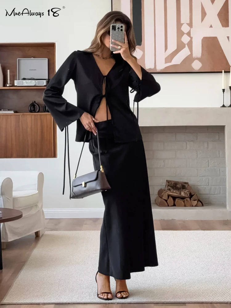 Mnealways18 Black Satin Skirts Sets Two Pieces Lace-Up Blouses And Ankle-Length Skirts Autumn Winter 2024 Women 2 Pieces Outfits