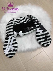 Mikumn Harajuku Rabbit Ear Hat Y2k Punk Zipper Bone Knitted Beanie Cap Gothic Lolita Cute Bunny Hat Women Winter Thick Warm Caps