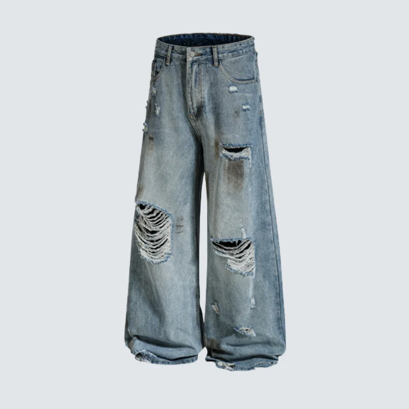 MWJLPWQ Street Style Yellow Mud Distressed Ripped Jeans Washed Multi-Layered Raw Edge Loose Wide-Leg Trousers 2026 Autumn 20147