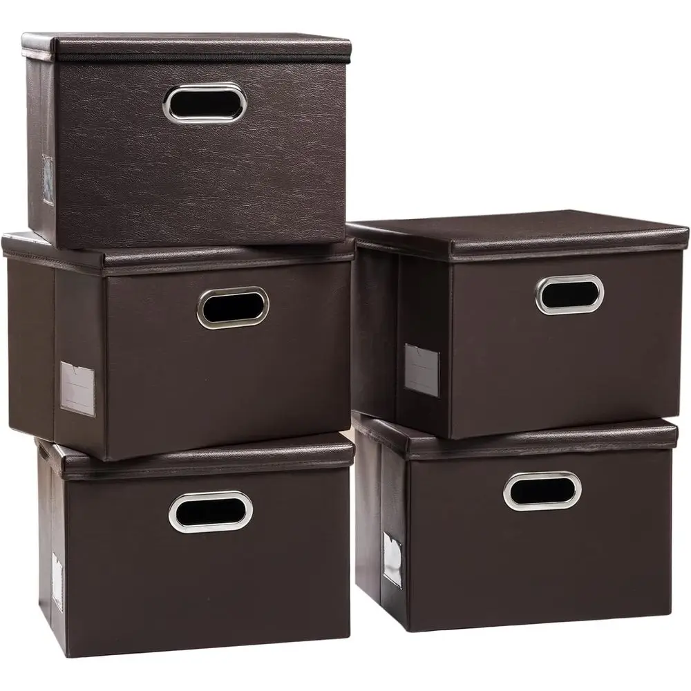 

Foldable Storage Bins with Lids [5-Pack] Leather Fabric Collapsible Storage Boxes Organizer Containers Baskets Cube with Cover f