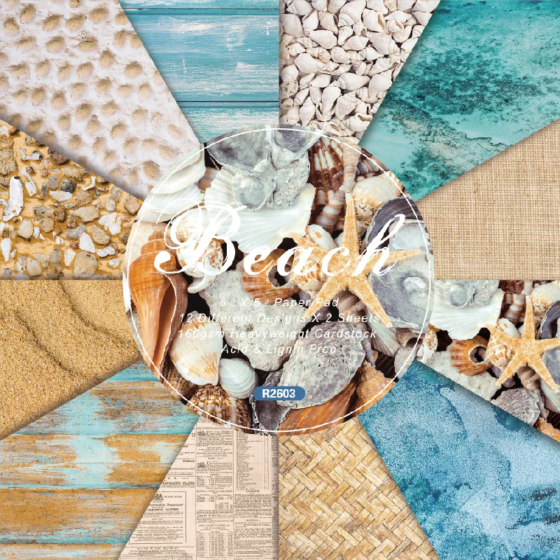 Beach Seashell Starfish Sand Wood Texture 6x6 Scrapbook Paper Pad 24 Sheets Cardstock for Junk Journal Album Craft Background