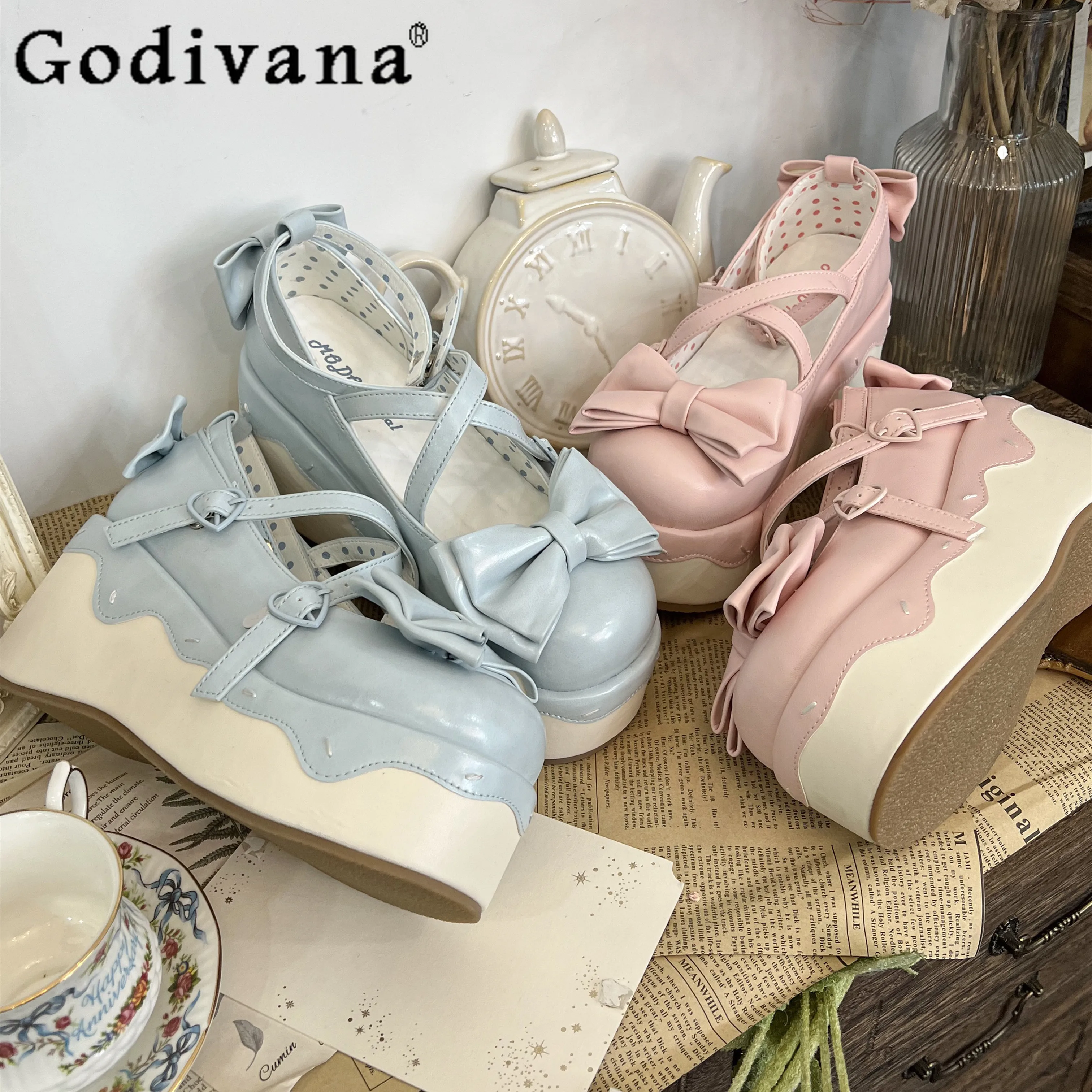 

Japanese Kawaii Pink Platform Shoes Autumn Girls Woman's Sweet Cute Bow Elegant Mary Jane Shoes Princess Tea Party Lo High Heels