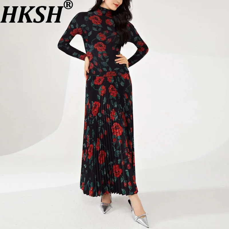 

HKSH Autumn New Women Trendy Skirt Flower Printed Pleated A-line Skirts Long Sleeve Half Turtleneck Elegant Chic T-shirt HK10603