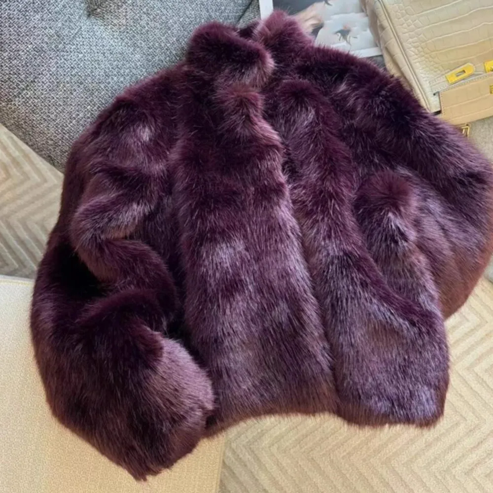 Winter Claret Purple Soft Hairy Shaggy Faux Fur Coat Women Stand Collar Full Sleeve Furry Warm Jacket Party Short Outerwear