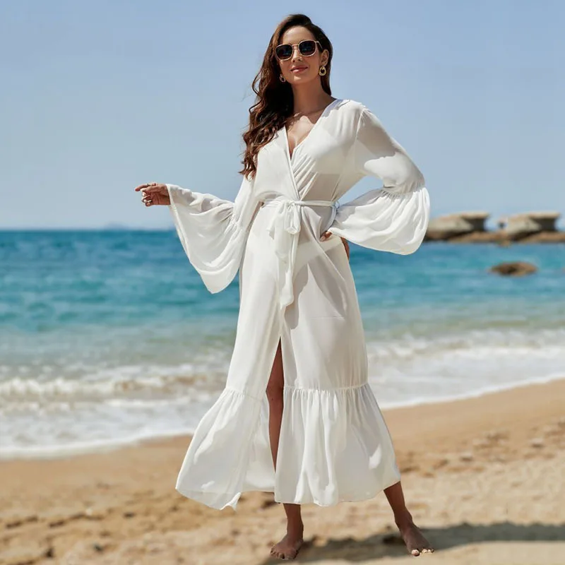 

2023 Chiffon White Beach Cover Sexy Loose Holiday Sunscreen Swimwear Swim Up For Women And Swimsuit Costumes Tunic Pareo Bath