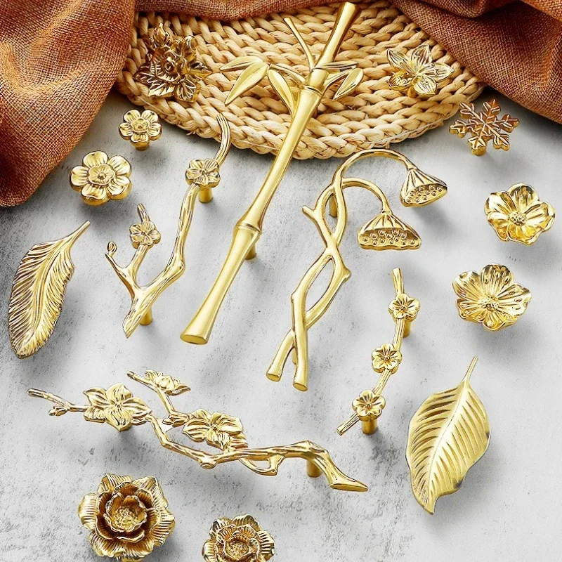 European Creative Decoration Branches Leaves Clothes Kitchen Cabinets Handles New Chinese Style Brass Handle Fancy Single Hole