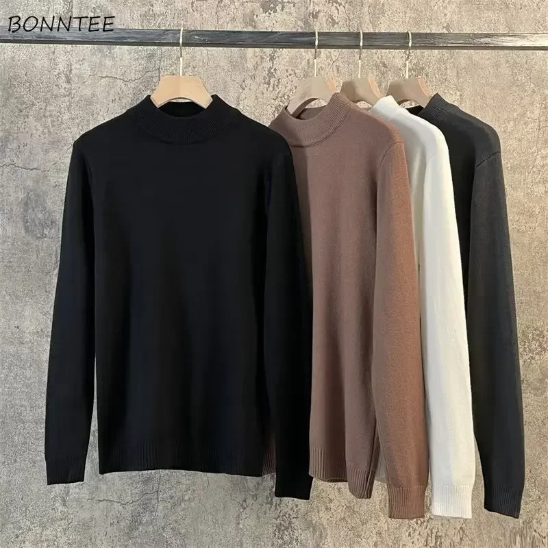 Pullovers Men Turtleneck Solid Knitted Tops Male Sweater Basic Clothing Fall Winter Simple Fashion Teens Long Sleeve Breathable