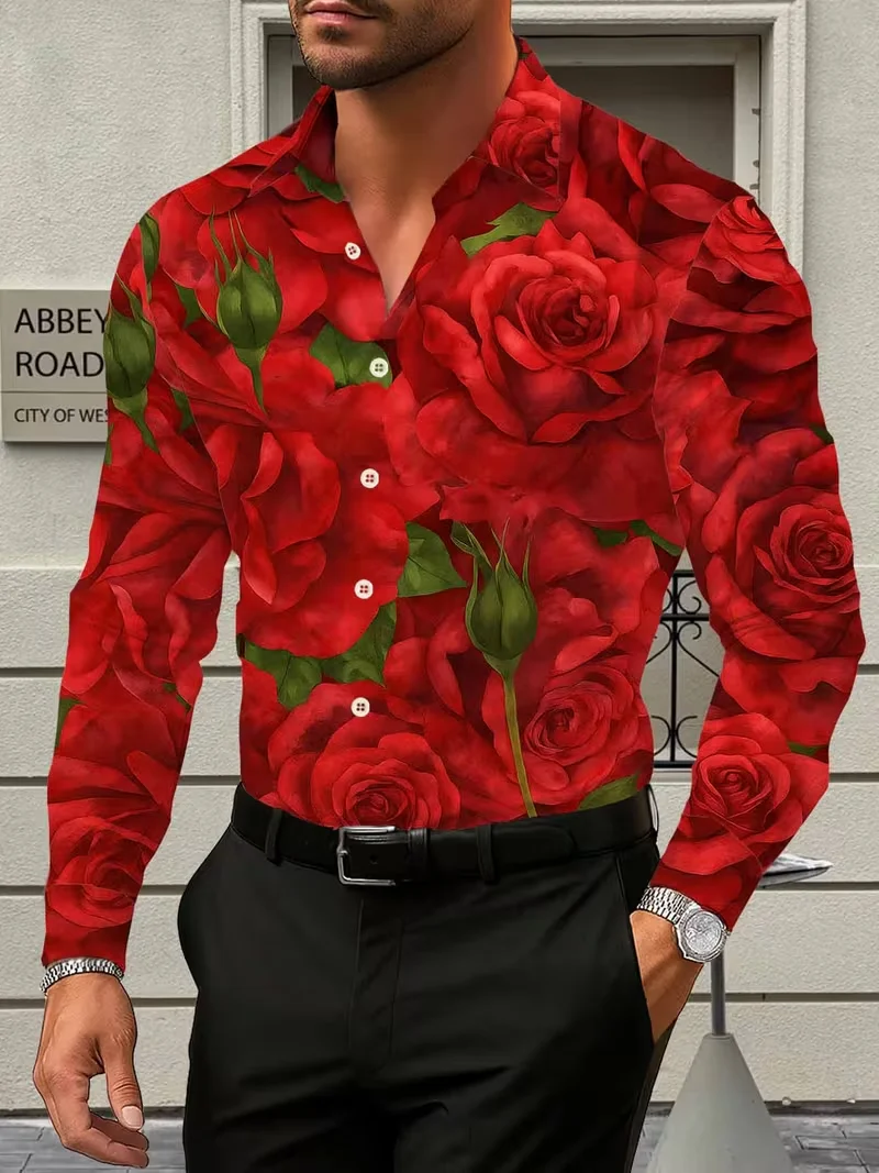 New Single Breasted Men's Shirt Fashionable 3D Maple Leaf Print Men's Shirt Daily Casual Long Sleeved Shirt