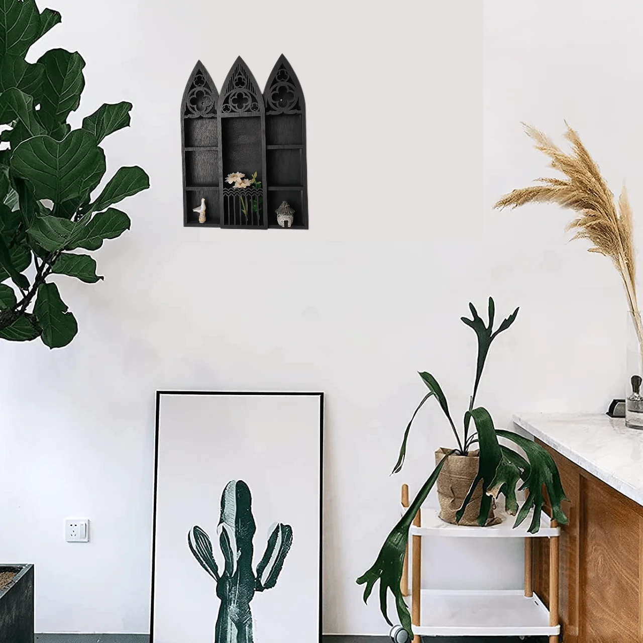 Wooden Wall Shelf Gothic Dark Aesthetic Three Cathedral Window Display Case Home Room Decoration Interior Accessories Gift