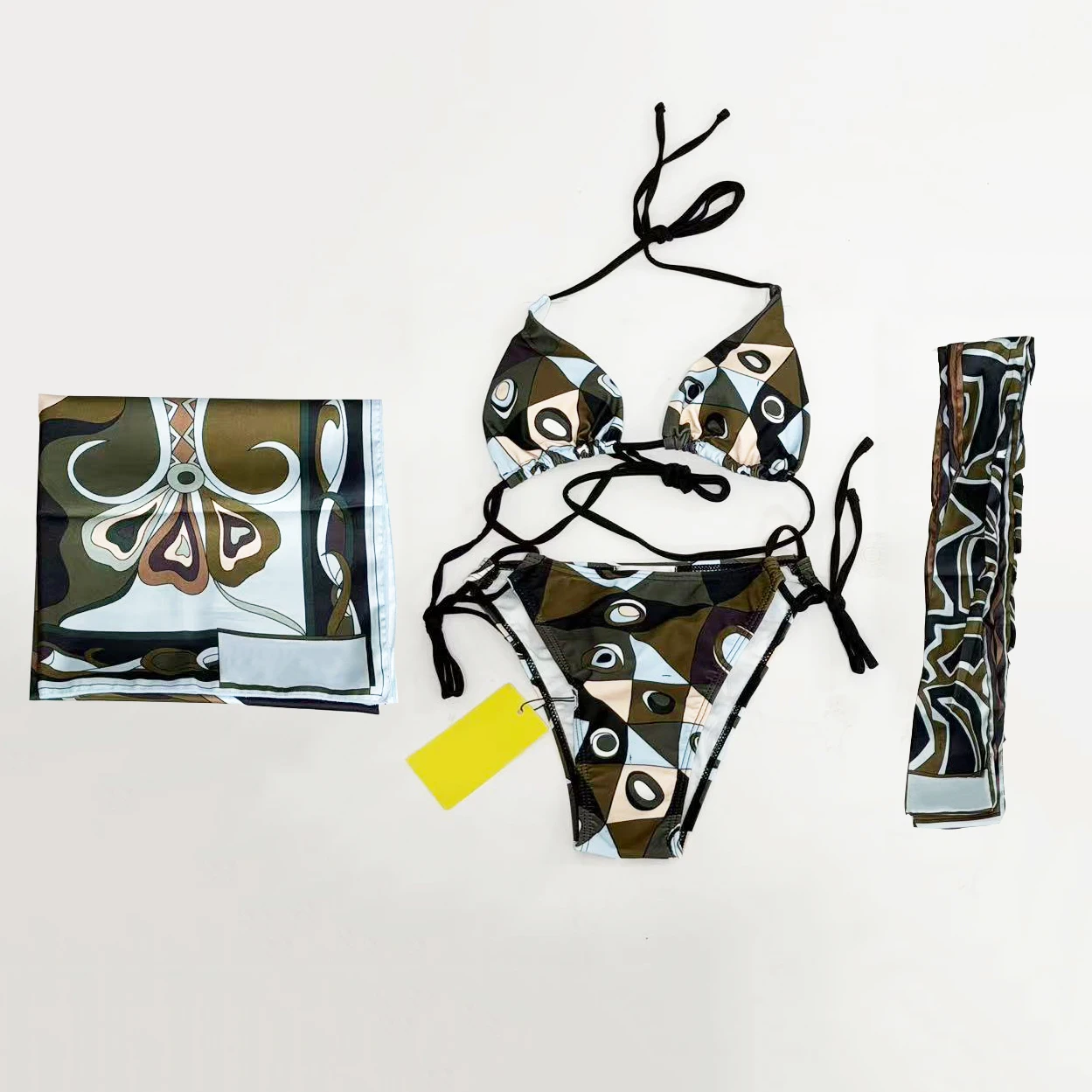 

Classic Women's Ribbon Scarf Bikini Sets Color Block Geometric with Designer Signature Luxury Design Women's Swimsuit Swimwear