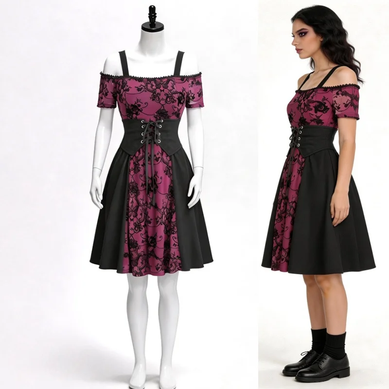 Gothic Vampire Dress Corset Waist Floral Print Contrast Black Skirt Panels Skirt Halloween and Themed Parties Halloween Party