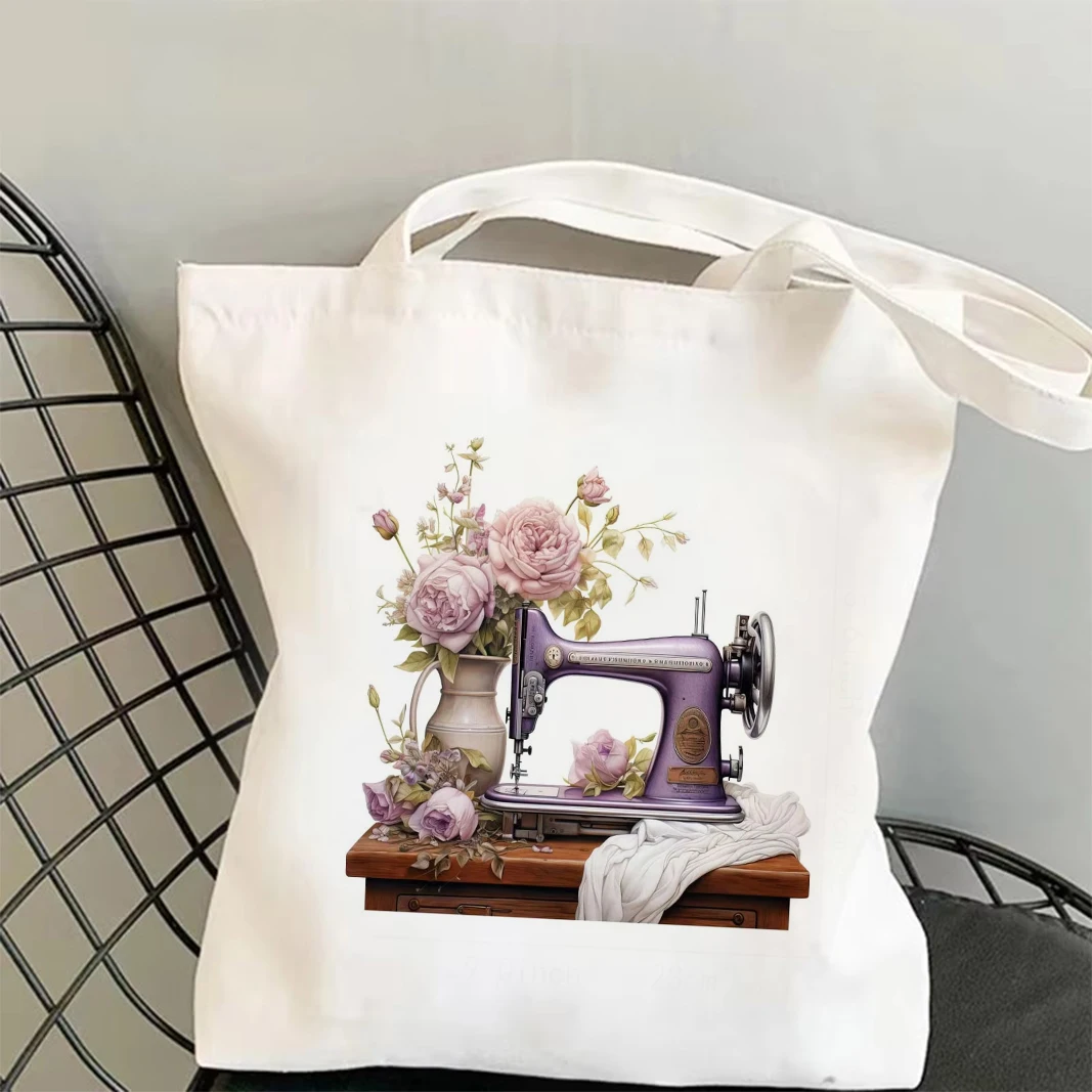 ماكينة خياطة ريترو وحقيبة حمل قماشية بتصميم زهور حقيبة عصرية وعملية للتنقل اليومي والتسوق والدراسة هدية