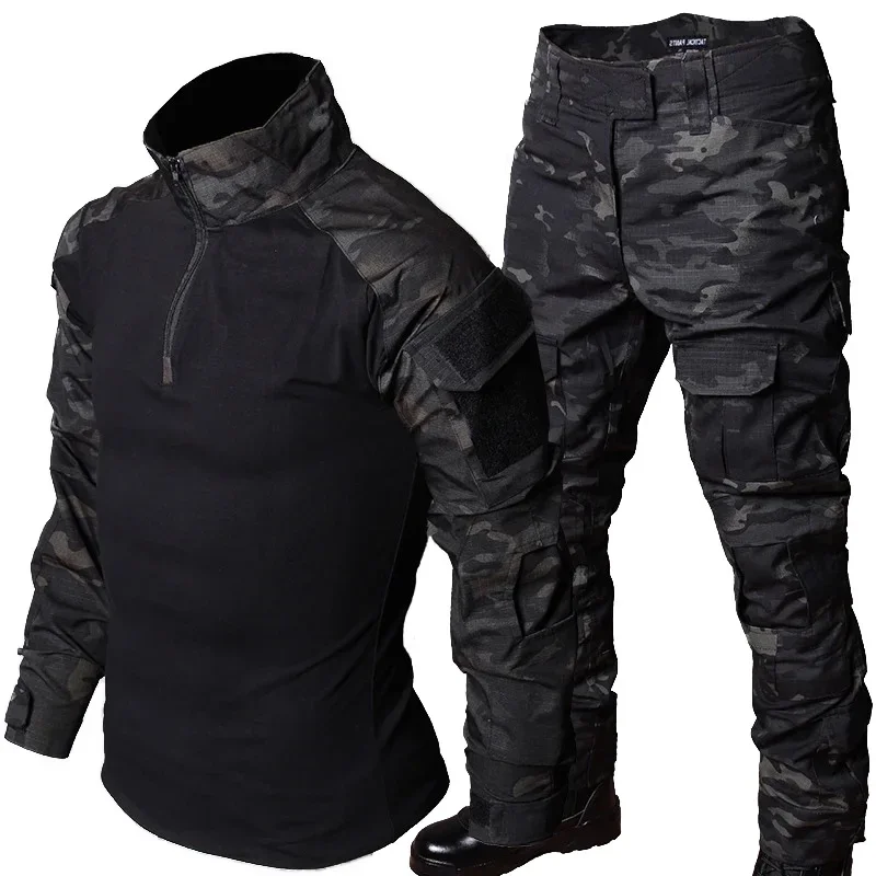 Autumn Tactical Sets Men Camo Breathable Wear-resistant Long Sleeve Tshirt+Multi-pocket Cargo Pant 2 Pcs Suits Training Suit