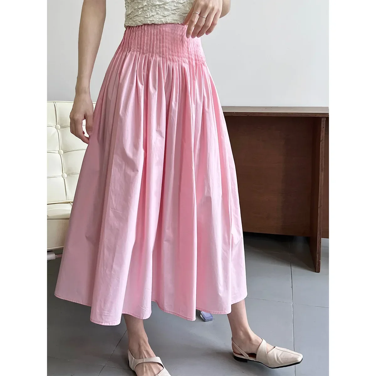 Elegant High-Waisted Pink A-Line Skirt Women Sweet Pleated Umbrella Midi Skirt Chic for Daily & Party Outfits