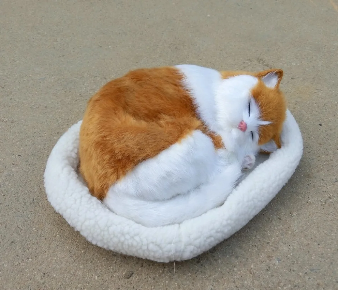 

new simulation sleeping cat toy resin&fur breathing yellow&white cat on a mat model gift 26x17cm 1064